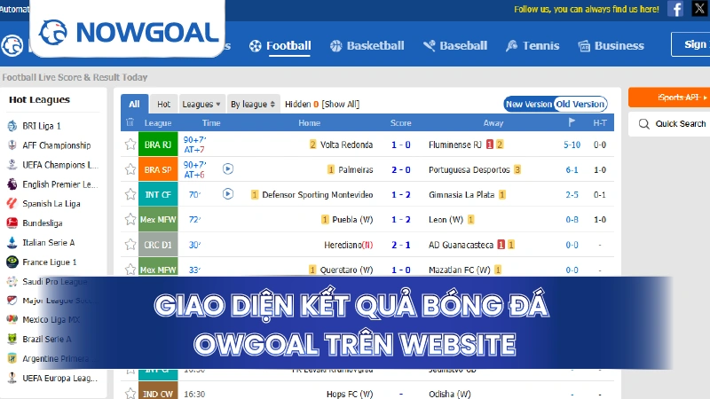 Giao diện kết quả bóng đá trên website